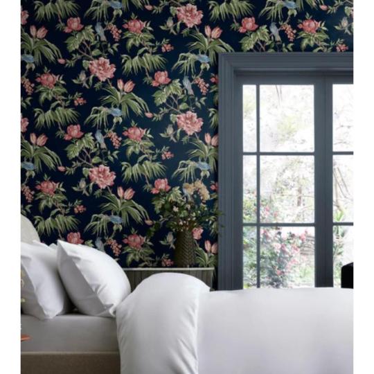 elegantny tmavomodry zakladny vzor vtak kvetinovy tapety pestra ruzova modra zelena hneda vzor kastiel vila vintage dom romanticky jedalen kaviaren salon kozmetika dekoracia.jpg